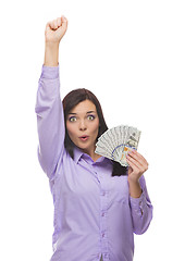 Image showing Mixed Race Woman Holding the New One Hundred Dollar Bills