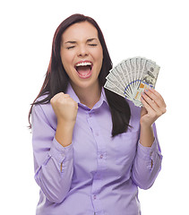 Image showing Mixed Race Woman Holding the New One Hundred Dollar Bills