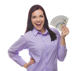 Image showing Mixed Race Woman Holding the New One Hundred Dollar Bills