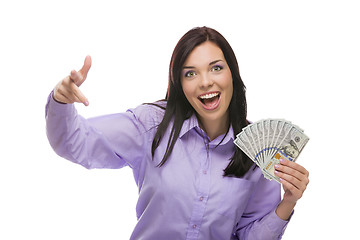 Image showing Mixed Race Woman Holding the New One Hundred Dollar Bills