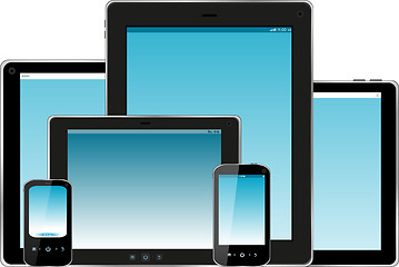 Image showing Set of mobile electronic technics. smart phone and tablet pc with blue screen