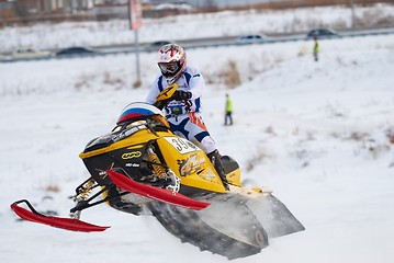 Image showing Sport snowmobile jump