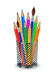 Image showing Colorful pencils and Brushes in the holder.