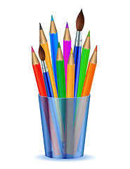 Image showing Colorful pencils and Brushes in the holder.