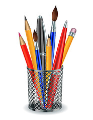 Image showing Brushes, pencils and pens in the holder.