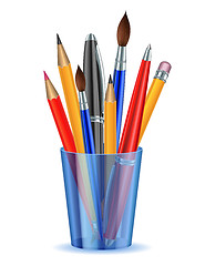 Image showing Brushes, pencils and pens in the holder.