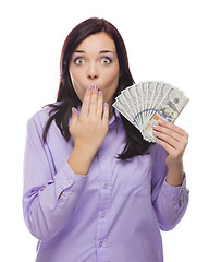 Image showing Mixed Race Woman Holding the New One Hundred Dollar Bills