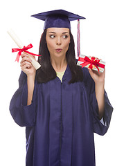 Image showing Female Graduate with Diploma and Stack of Gift Wrapped Hundreds