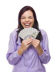 Image showing Mixed Race Woman Holding the New One Hundred Dollar Bills