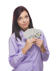 Image showing Mixed Race Woman Holding the New One Hundred Dollar Bills