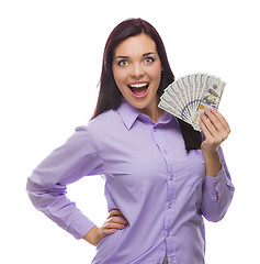 Image showing Mixed Race Woman Holding the New One Hundred Dollar Bills