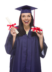 Image showing Female Graduate with Diploma and Stack of Gift Wrapped Hundreds