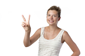 Image showing Young Woman Victory Sign