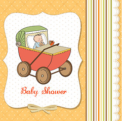 Image showing baby boy shower card with retro strolller