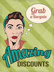 Image showing retro illustration of a beautiful woman and amazing discounts me