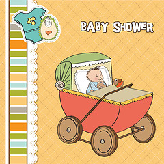 Image showing baby boy shower card with retro strolller