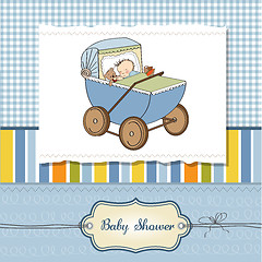 Image showing baby boy shower card with retro strolller