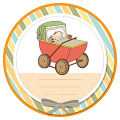 Image showing baby boy shower card with retro strolller