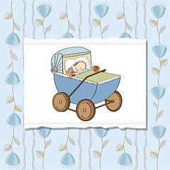 Image showing baby boy shower card with retro strolller