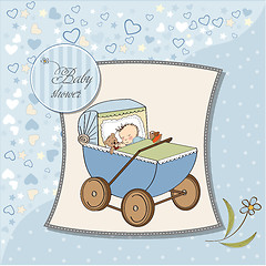 Image showing baby boy shower card with retro strolller