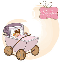 Image showing baby girl shower card with retro strolller