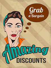 Image showing retro illustration of a beautiful woman and amazing discounts me