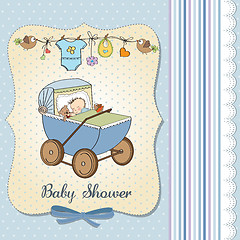 Image showing baby boy shower card with retro strolller