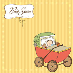 Image showing baby boy shower card with retro strolller
