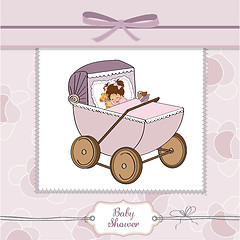 Image showing baby girl shower card with retro strolller