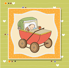 Image showing baby boy shower card with retro strolller