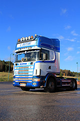 Image showing Sunlight on Blue and White Scania L164 Truck in Autumn