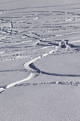 Image showing Traces of skis and snowboards in new-fallen snow