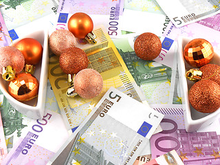 Image showing euro notes with christmas balls on it