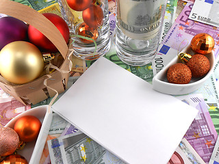 Image showing new year celebration event, money wallpaper, christmas balls and blank paper