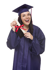 Image showing Mixed Race Graduate in Cap and Gown Holding Her Diploma
