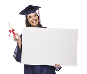 Image showing Female Graduate in Cap and Gown Holding Blank Sign, Diploma