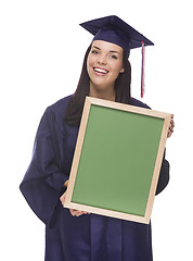 Image showing Mixed Race Female Graduate in Cap and Gown Holding Chalkboard
