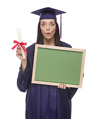 Image showing Female Graduate in Cap and Gown Holding Diploma,
Blank Chalkboar