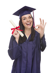 Image showing Mixed Race Graduate in Cap and Gown Holding Her Diploma
