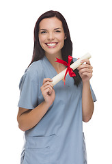 Image showing Mixed Race Female Nurse or Doctor With Diploma Wearing Scrubs