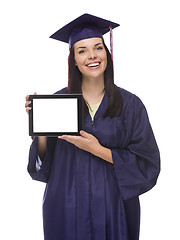 Image showing Female Graduate in Cap and Gown Holding Blank Computer Tablet