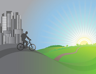 Image showing The cyclist leaves city. Vector illustration