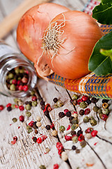 Image showing fresh onions and peppercorns 