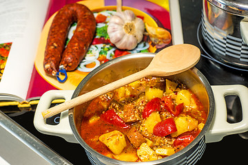 Image showing Spanish stew with chorizo sausage