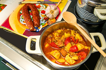 Image showing Spanish stew with chorizo sausage