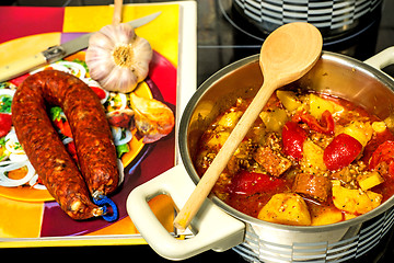 Image showing Spanish stew with chorizo sausage