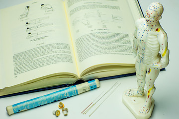 Image showing Acupuncture needles and textbook