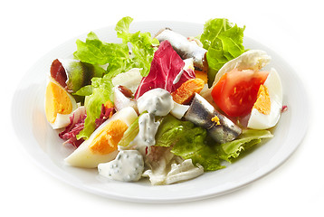 Image showing fresh salad with eggs and anchovies