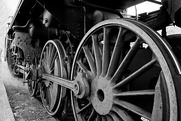 Image showing Wheels of an old steam locomotive