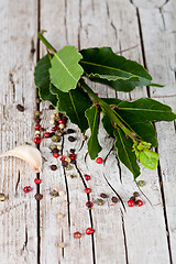 Image showing twig of fresh laurel and peppercorns 